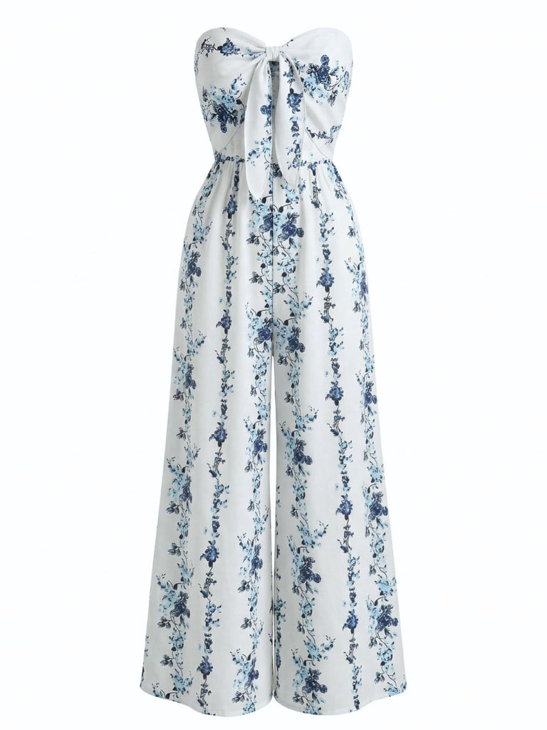 Bustier Florale Imprimée Jambes Larges Bohème Combinaison Bleue Années 1970 3