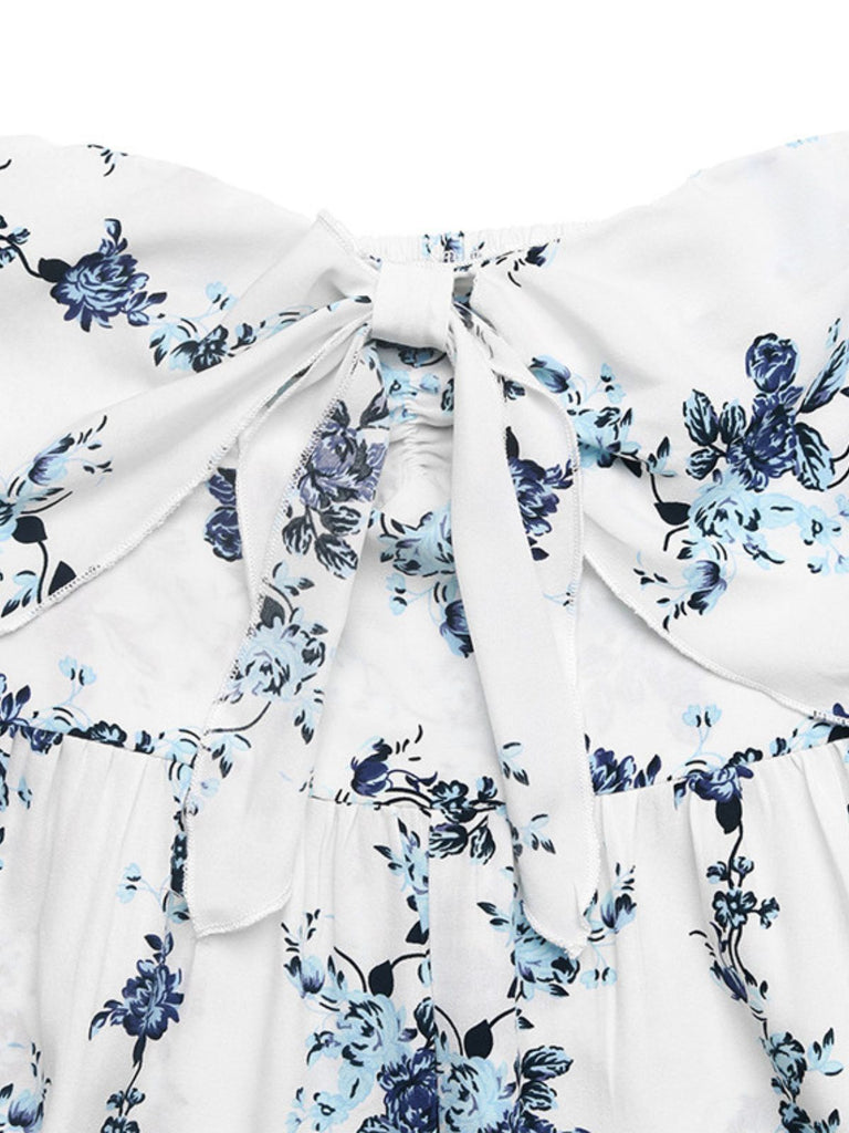 Bustier Florale Imprimée Jambes Larges Bohème Combinaison Bleue Années 1970 6