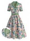 [Prévente] Robe Col Cranté Floral Bleu Clair Années 50