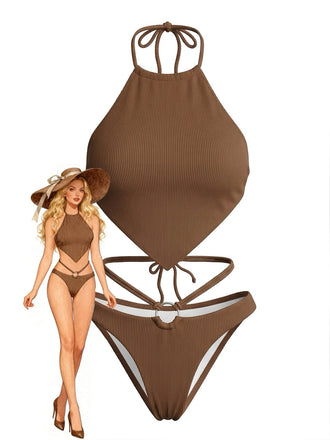 Dos-Nu Côtelé Ensemble Bikini Marron Années 1960