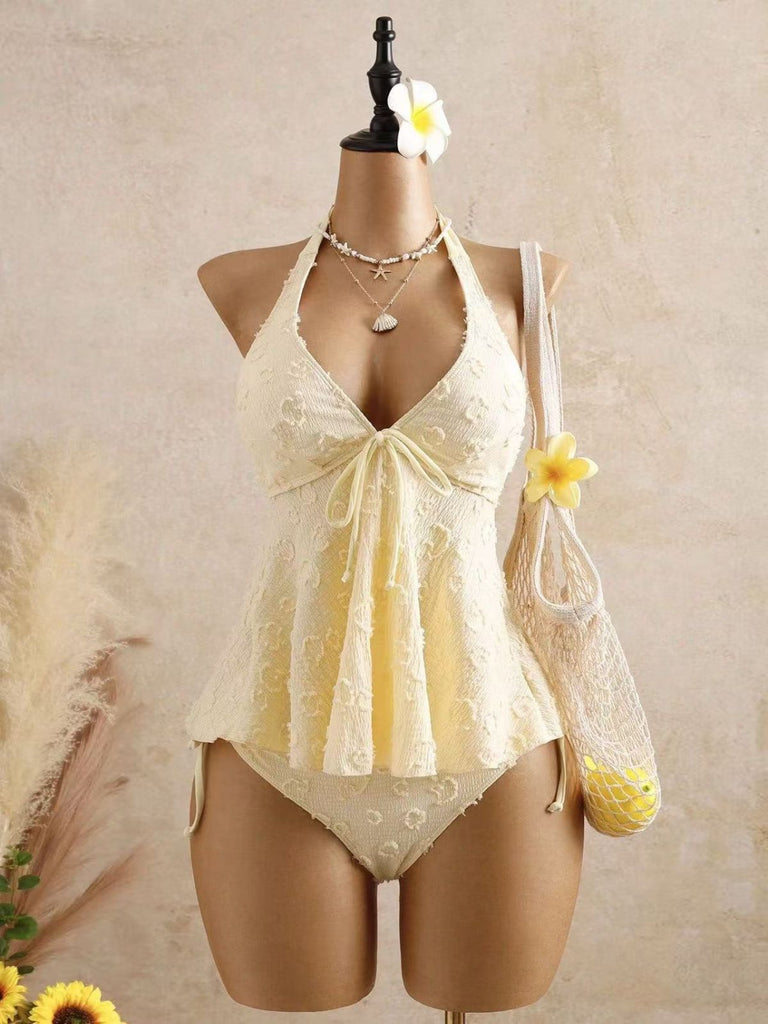 Texturé Floral Halter Profond V Ensemble Tankini Années 1950 3