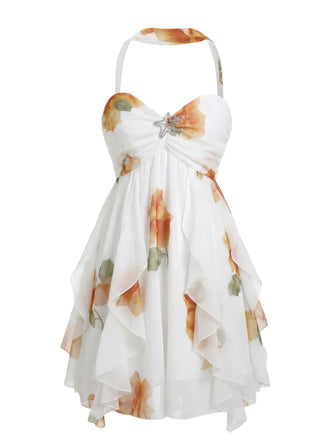 Front: Light Yellow 1960s Halter Backless Irregular Hem Mini Dress, vintage charm, perfect for vintage fashion lovers