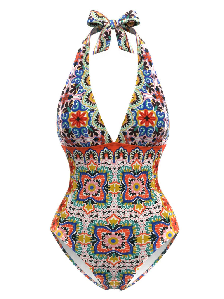 Multicolore Méditerranéen Imprimé Halter Maillot de Bain Une Pièce Années 1930