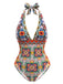 Multicolore Méditerranéen Imprimé Halter Maillot de Bain Une Pièce Années 1930