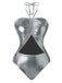 Maillot de bain argenté métallisé avec un motif de triangle noir sur fond blanc