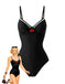 Un maillot de bain une pièce noir classique, doté d'un décolleté en cœur orné d'une bordure festonnée blanche et d'une application décorative en forme de cerise, présenté avec une illustration de mode rétro.