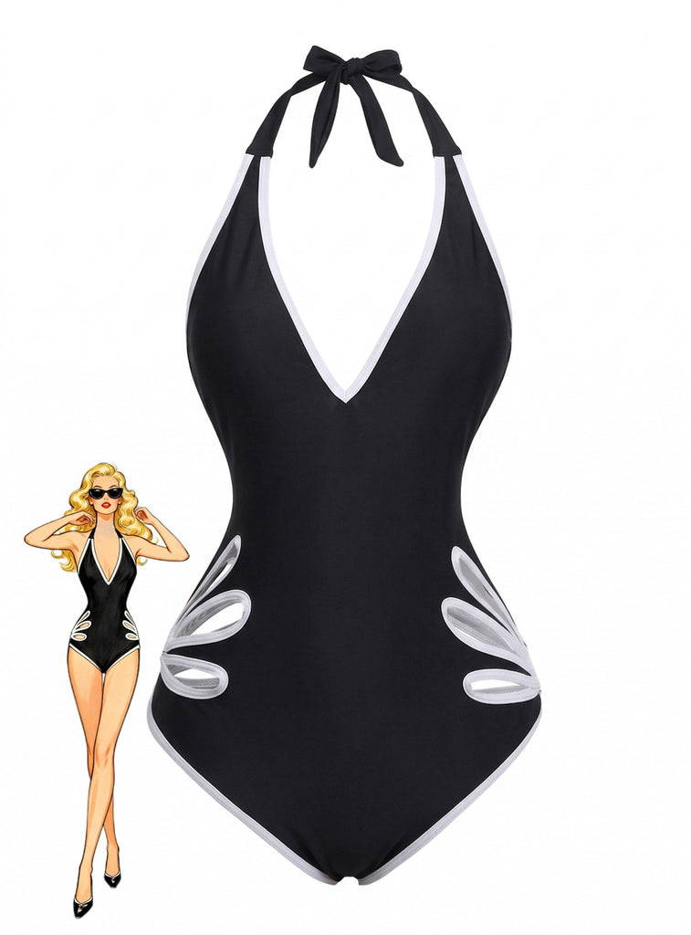 Maillot de bain une pièce noir à découpes florales années 1940