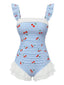 Maillot de bain une pièce résille à volants et à carreaux cerise bleus années 50