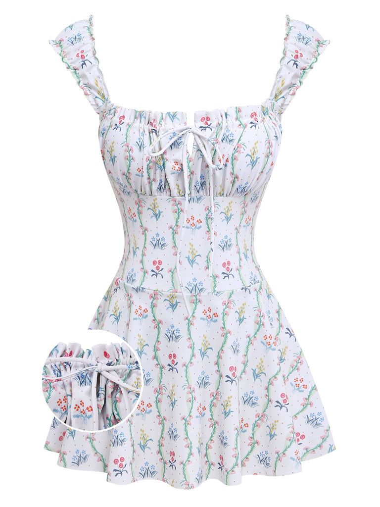 [Prévente] Maillot de bain volants fleurs carré blanc 1970s