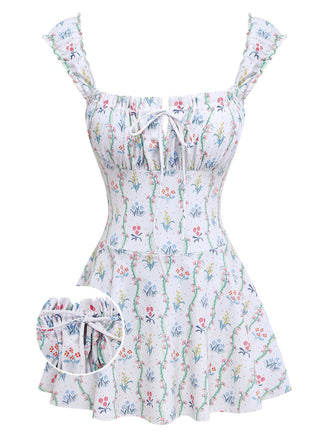 Maillot de bain volants fleurs carré blanc 1970s