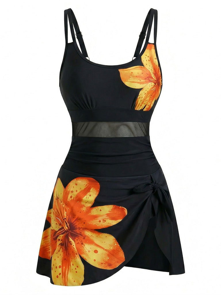 Maillot de bain maille bretelles col rond fleuri