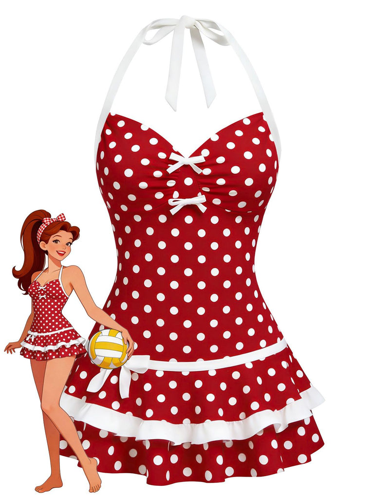 Maillot de bain une pièce rouge pois nœud dos nu 1940s