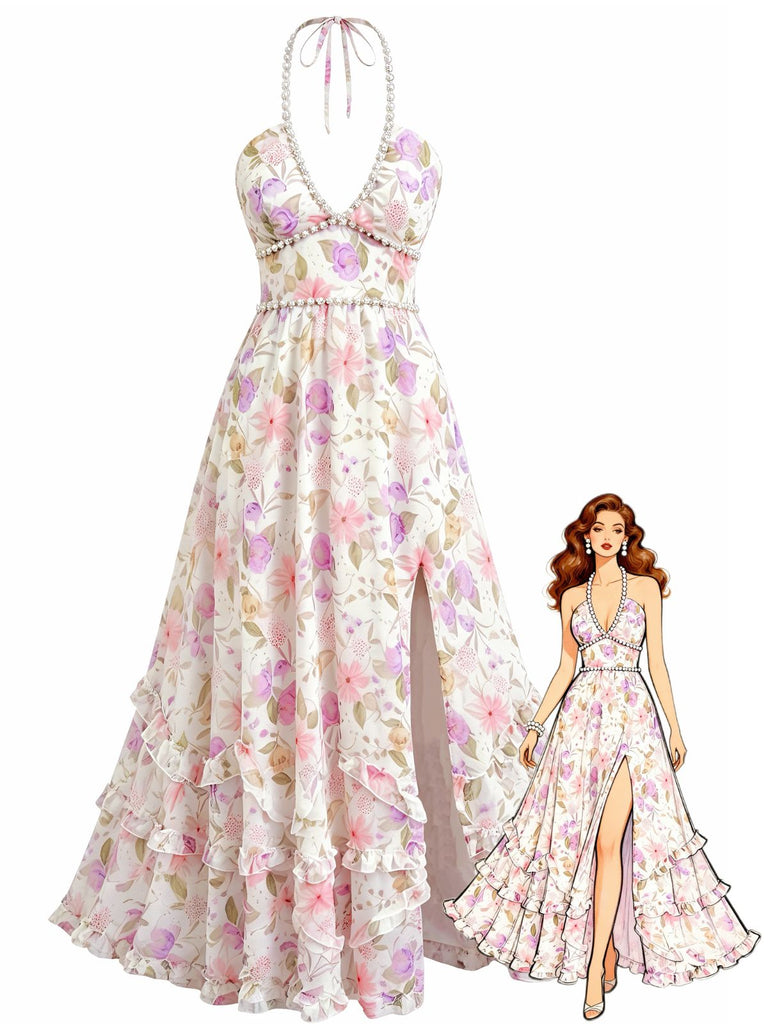Robe Longue Dos-Nu Florale Multicolore Années 1930