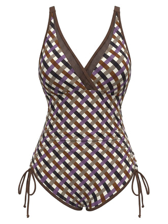 [Prévente] [Grande Taille] Maillot de Bain Une Pièce à Carreaux avec Liens Latéraux Années 1930