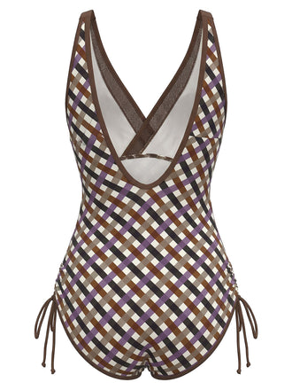 [Prévente] [Grande Taille] Maillot de Bain Une Pièce à Carreaux avec Liens Latéraux Années 1930 2