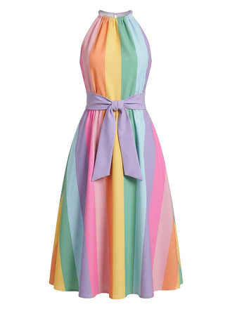 [Prévente] Robe Midi Sans Manches Rayée Arc-en-Ciel Ceinturée Multicolore Années 1950