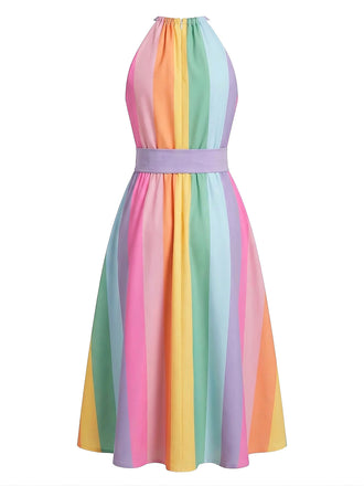 [Prévente] Robe Midi Sans Manches Rayée Arc-en-Ciel Ceinturée Multicolore Années 1950 2