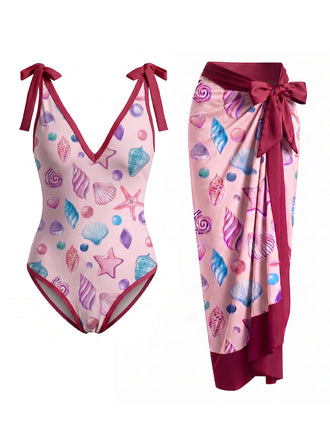 [Prévente] Maillot de Bain Une Pièce Noué Imprimé Coquillages & Cache-Maillot Rose Années 1960