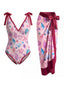 [Prévente] 2PCS Maillot de bain une pièce et paréo rose imprimé coquillages lien nouer années 60