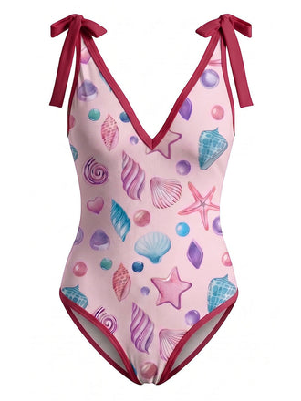 [Prévente] Maillot de Bain Une Pièce Noué Imprimé Coquillages & Cache-Maillot Rose Années 1960 2