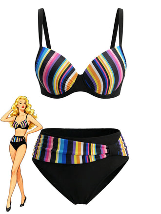 Ensemble Bikini Rayé Arc-en-Ciel Multicolore Années 1970