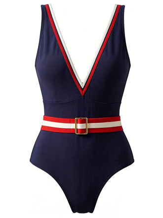[Prévente] Maillot de Bain Une Pièce Colorblock Fausse Ceinture Bleu Marine Années 1940