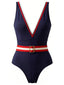 [Prévente] Maillot de bain une pièce bleu marine colorblock et fausse ceinture années 1940