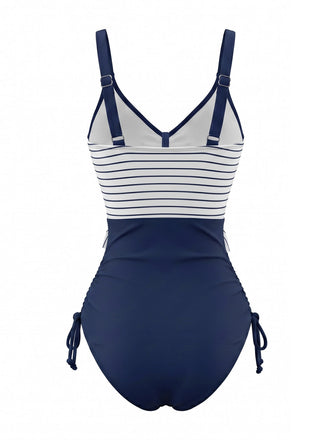Nautique Rayée à Volants Cordon Une Pièce Maillot de Bain Bleu marine Années 1980 2