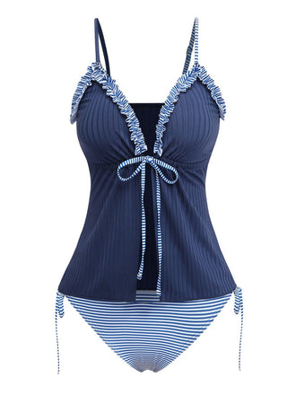 Navy blue striped tankini with ruffled tie-front top in vintage 1950s swimwear style