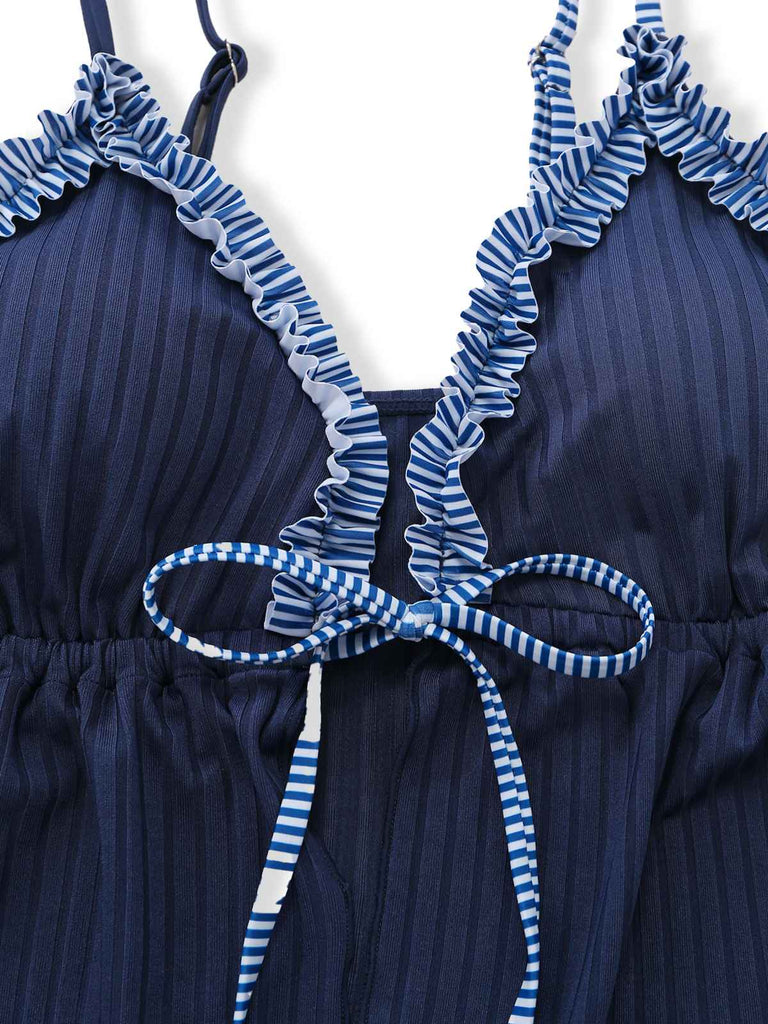 Navy blue striped tankini with ruffled tie-front top in vintage 1950s swimwear style