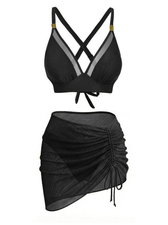 Devant : Ensemble bikini 3 pièces années 50 à boutons métalliques, style vintage élégant, parfait pour les passionnées de mode vintage.