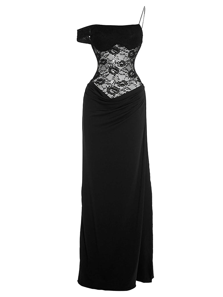 Vue de face en studio de la robe maxi noire avec un corsage en dentelle blanche.