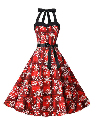 Robe évasée rouge à motif flocon de neige de Noël des années 1950