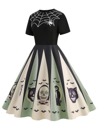 Robe patchwork imprimé toile d'araignée pour Halloween des années 1950