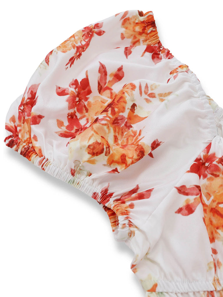 Robe à Manches Bouffantes Smockée Floral Orange Années 40