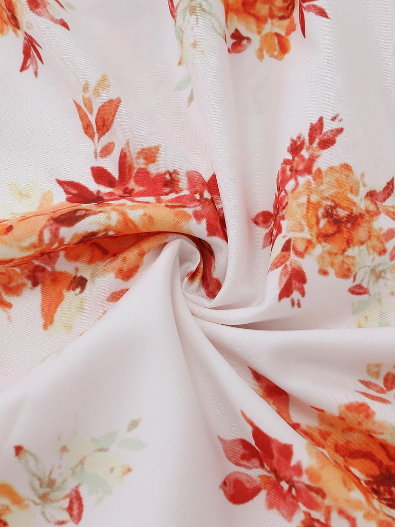 Robe à Manches Bouffantes Smockée Floral Orange Années 40