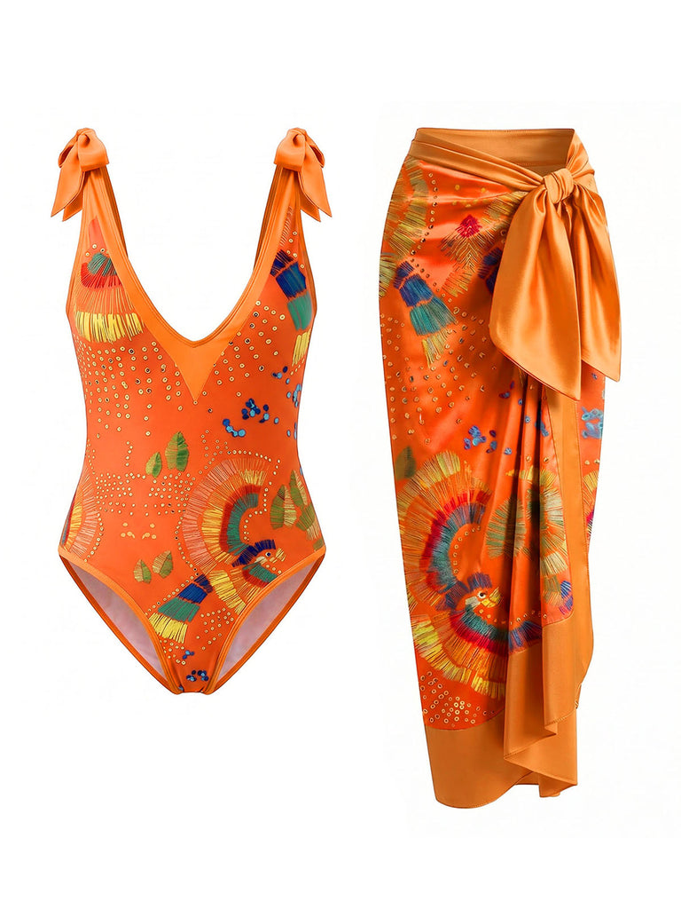 [Prévente] Maillot de Bain Une Pièce Dos-Nu Imprimé Tribal & Cache-Maillot Orange Années 1950