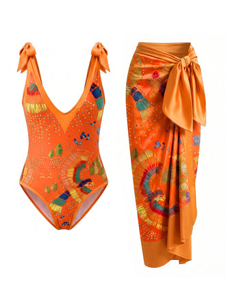 [Prévente] Maillot de Bain Une Pièce Dos-Nu Imprimé Tribal & Cache-Maillot Orange Années 1950