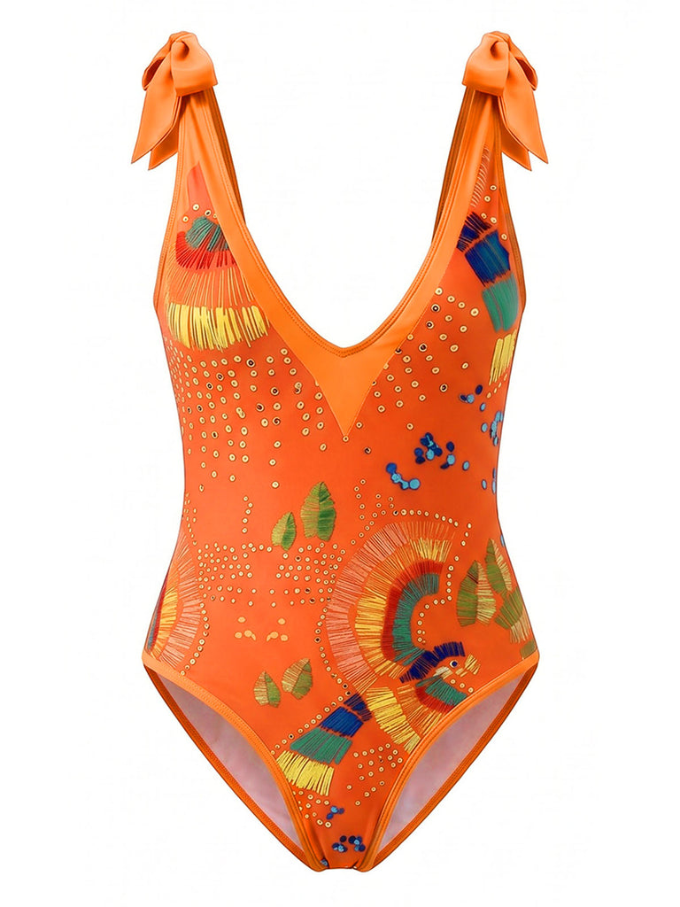 [Prévente] Maillot de Bain Une Pièce Dos-Nu Imprimé Tribal & Cache-Maillot Orange Années 1950 2