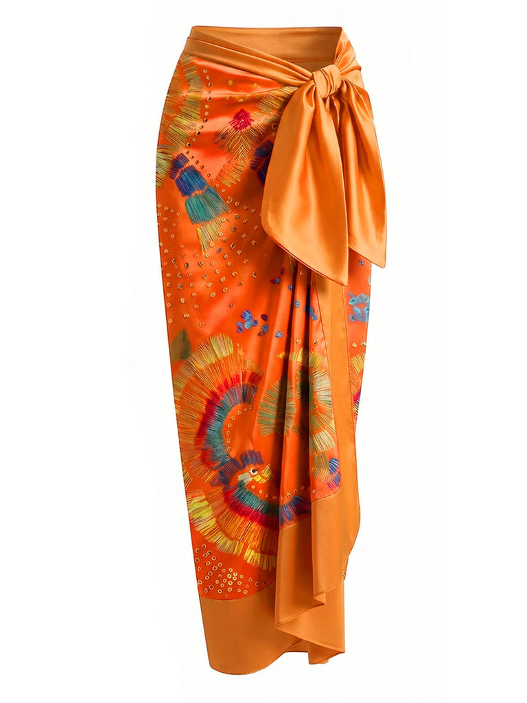 [Prévente] Maillot de Bain Une Pièce Dos-Nu Imprimé Tribal & Cache-Maillot Orange Années 1950 3