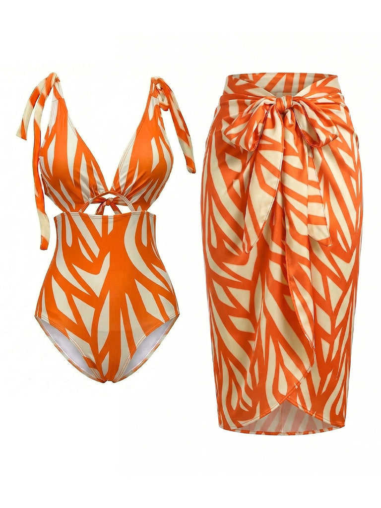 [Prévente] Maillot de Bain Découpé Imprimé Abstrait & Cache-Maillot Orange Années 1960