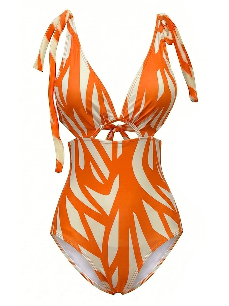 [Prévente] Maillot de Bain Découpé Imprimé Abstrait & Cache-Maillot Orange Années 1960 2