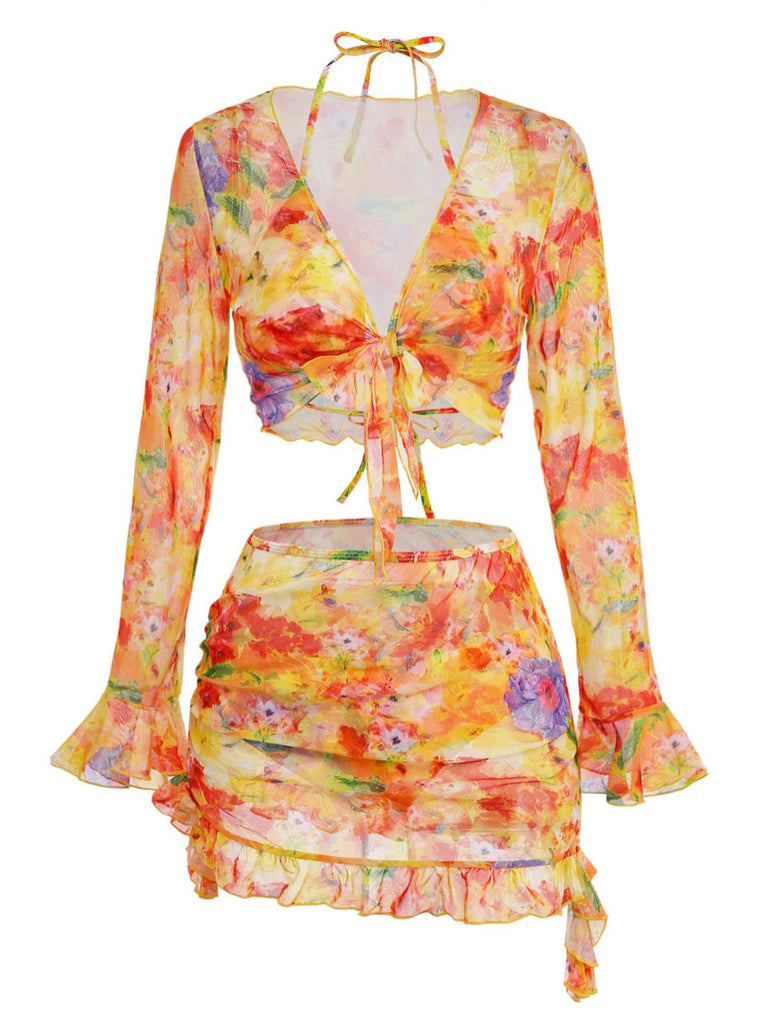 4PCS Orange Dos-Nu Florale Bikini & Résille Cache Maillot Ensemble Années 1960 2