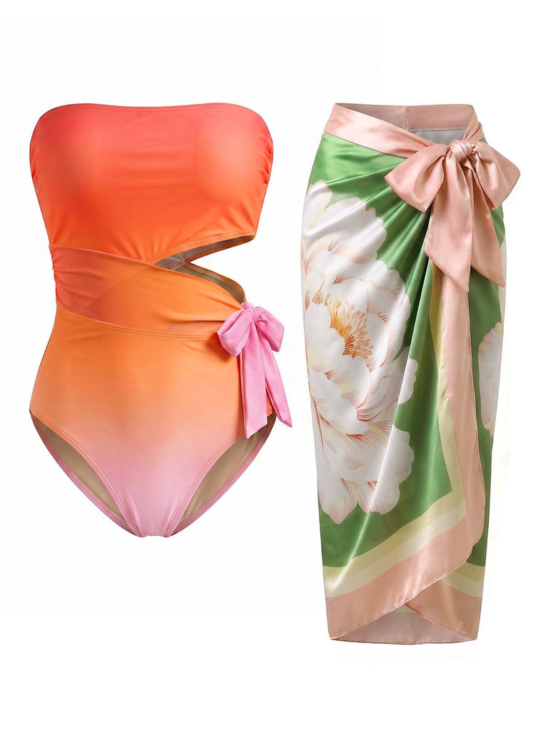 [Prévente] Maillot de Bain Bustier Dégradé Découpé & Cache-Maillot Floral Années 1970