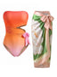 [Prévente] 2PCS Maillot de bain et paréo fleuri bustier découpé effet ombré années 70