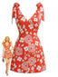 Mini Robe Orange Col V Florale à Bretelles Nouées Années 1970