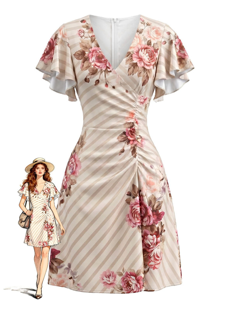 Robe Col V à Manches Volantées Satin Floral Rayé Années 60
