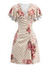 Robe Col V à Manches Volantées Satin Floral Rayé Années 60