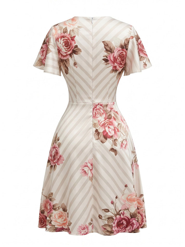 Robe Col V à Manches Volantées Satin Floral Rayé Années 60