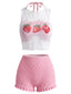 Ensemble bikini rose dos nu et smocks haut de plage motif fraises années 50